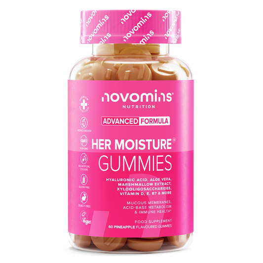 A bottle of Novomins Nutrition Her Moisture Gummies, featuring a bright pink label and cap, filled with brown gummy capsules, on a clean white background.
