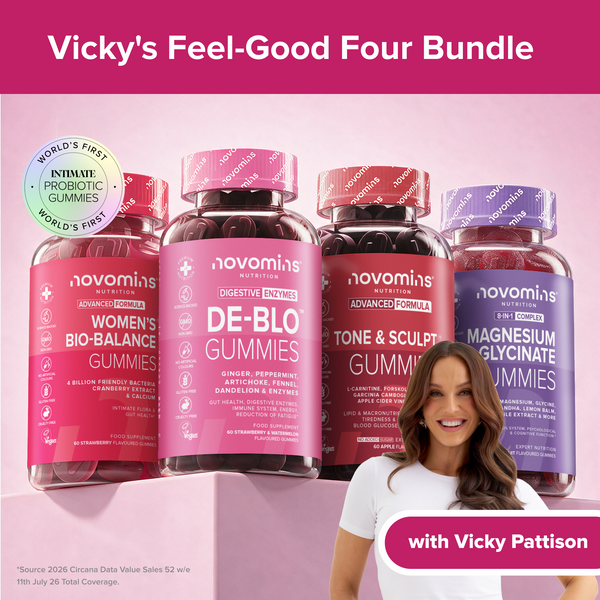 Four Novominus dietary supplement bottles for gummies displayed on a pink pedestal with a smiling woman in the lower right corner. The bottles are labeled Women's Bio-Balance, De-Blo, Tone & Sculpt, and Magnesium Glycinate, under the banner 'Vicky's Feel-Good Four Bundle with Vicky Pattison'.